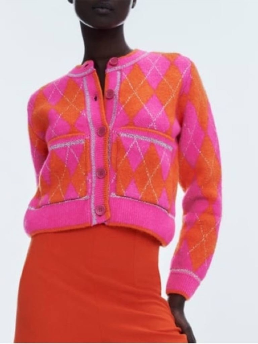 Rare Zara Barbiecore Tartan Argyle Cardigan pink orange silver metallic Medium